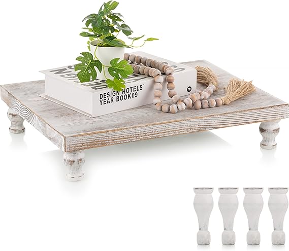 Wooden Riser Decorative Tray: Farmhouse Wood Pedestal Display Stand Rustic Whitewashed Tray Riser Centerpiece for Coffee Bar Kitchen Dining Room Home Table Decor, Short & Tall Footed