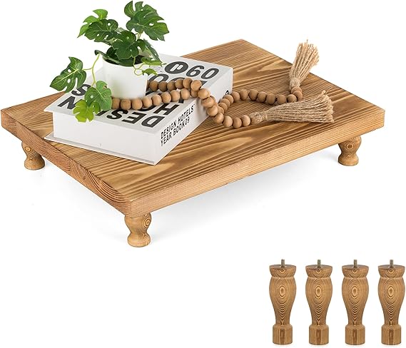 Wooden Riser Decorative Tray：Farmhouse Wood Pedestal Display Stand Rustic Tray Riser Centerpiece for Coffee Bar Kitchen Dining Room Home Table Decor, Short & Tall Footed