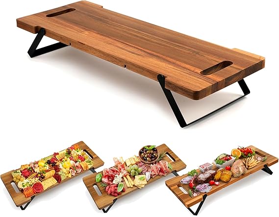 Charcuterie Cheese Board Large: Long Acacia Wooden Serving Tray with Handles Folding Legs Rectangular Appetizer Plank Platter for Parties Buffet Food Display