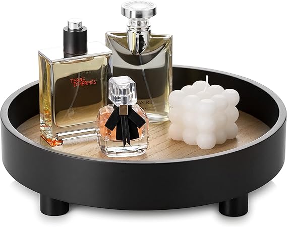 Round Decorative Vanity Tray: Bathroom Perfume Dresser Trays for Women Circle Pedestal Stand Decor Wood Riser for Display