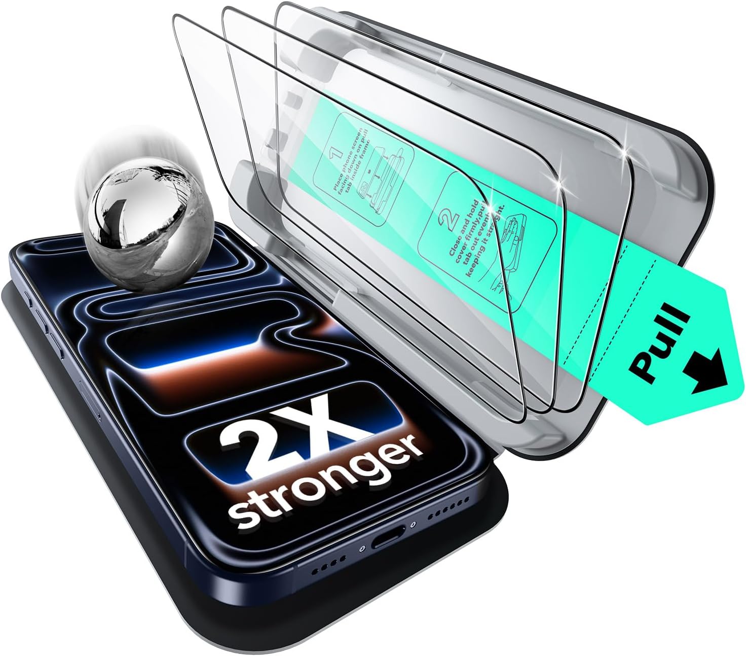 Screen protector, military-grade shatterproof, 9H hardness, full-coverage tempered glass with super-fit tray