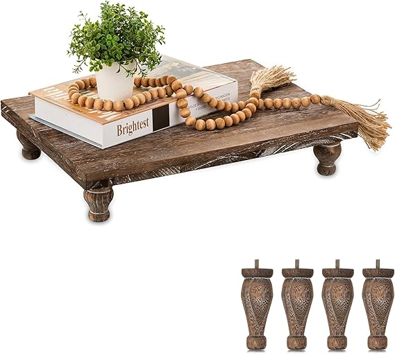 Wooden Riser Decorative Tray: Farmhouse Wood Pedestal Display Stand Rustic Tray Riser Centerpiece for Coffee Bar Kitchen Dining Room Home Table Decor, Short & Tall Footed