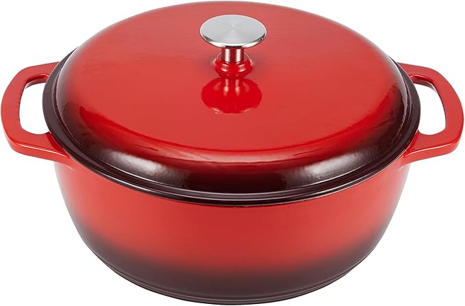 Cast Iron Dutch Oven Pot with Lid, Enameled, Round, Dual Handles, Heavy-Duty, Large, 7.3-Quart, Red