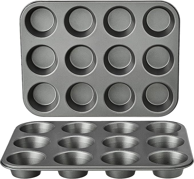 Nonstick Round Muffin Baking Pan, 12 Cups, Set of 2, Gray, 13.9x10.55x1.22
