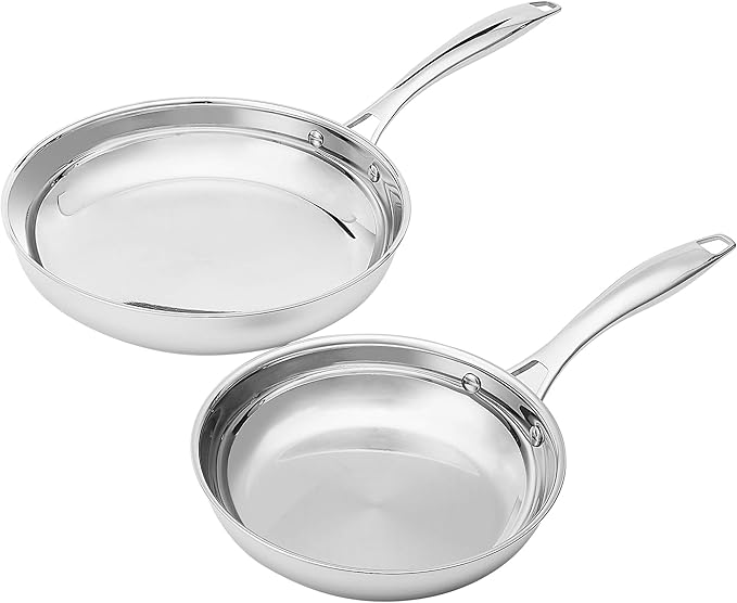 2-Piece Oven Safe, Riveted Handle Stainless Steel Induction Frying Pan Set - Silver, 8-inch & 10-inch