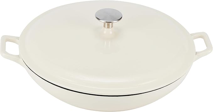 Enameled Cast Iron Covered Round Casserole Skillet with Lid for Oven, 3.3-Quart, White