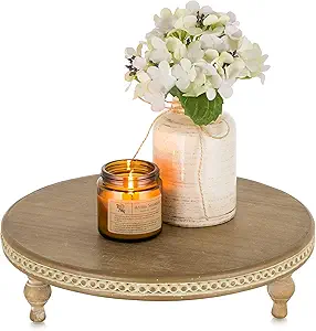 Round Decorative Tray Stand: Beaded Vintage Wood Pedestal Risers Farmhouse Circle Display Holder for Coffee Table Home Decor Kitchen Bathroom Counter