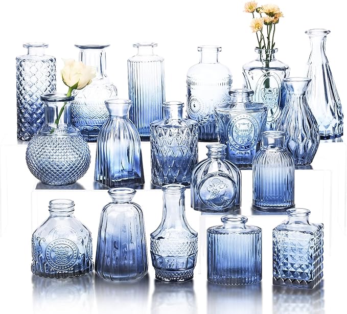 Set of Blue Bud Vases for Flowers, Vintage Clear Glass Vases Small Vases for Centerpieces for Home Table Decor Rustic Wedding Decorations