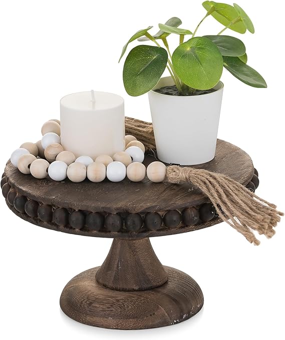 Small Wood Cake Stand: Cupcake Pedestal Stand Dessert Display Riser Distressed Rustic Round Cakes Holder Tray Vintage Beads Wooden Plate for Wedding Birthday Decor