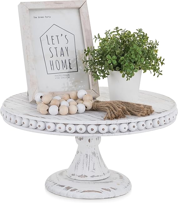Wood Cake Stand: Cupcake Pedestal Stand Dessert Display Riser Rustic Round Cakes Holder Tray Vintage Beads Wooden Plate for Wedding Birthday Decor