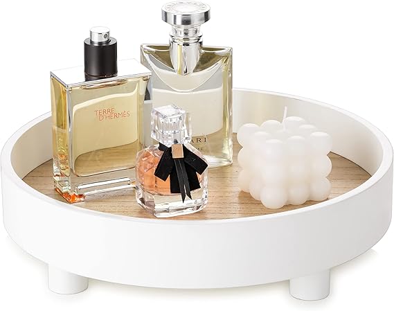 Round Decorative Vanity Tray: Bathroom Perfume Dresser Trays for Women Circle Pedestal Stand Wood Riser for Display Decor