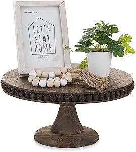 Round Wood Cake Stand: Cupcake Pedestal Stand Dessert Display Riser Distressed Rustic Cakes Holder Tray Vintage Beads Wooden Plate for Wedding Birthday Decor