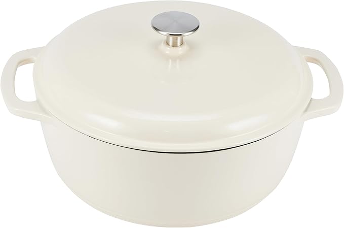 Cast Iron Dutch Oven Pot with Lid, Enameled, Round, Dual Handles, Heavy-Duty, Small, 4.3-Quart, White