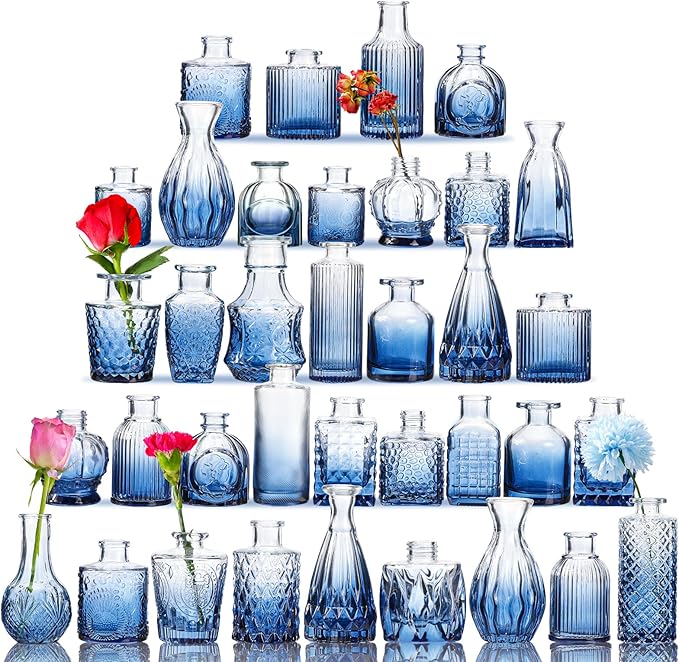 Blue Bud Vases Glass Bud Vase Set, Small Vases for Flowers, Bud Vases for Centerpieces Mini Flower Vases in Bulk for Rustic Wedding Decorations Vintage Look Home Table Decor