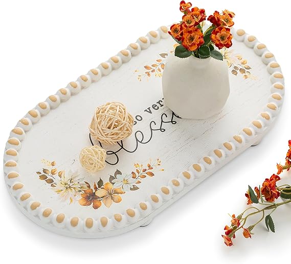Decorative Tray for Table Centerpieces: Wood Coffee Table Decor Fall Farmhouse Serving Tray Stand for Living Room