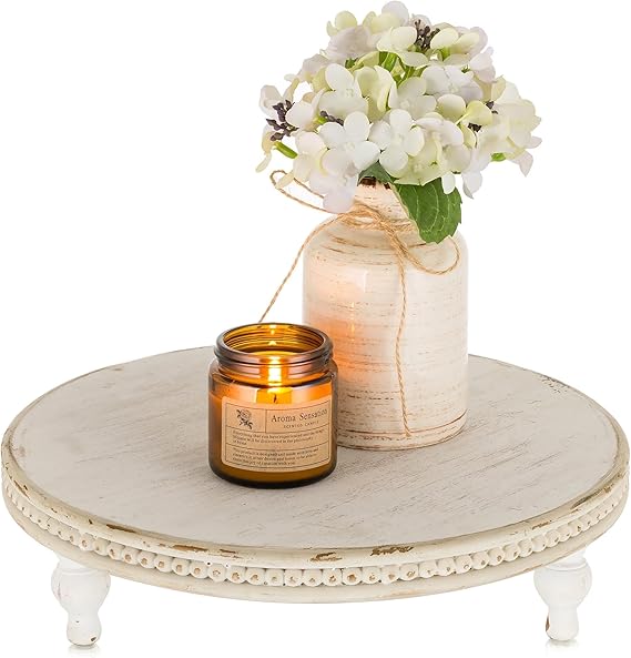 Round Decorative Tray Stand: Beaded Wood Pedestal Risers Farmhouse Circle Display Holder for Coffee Table Home Decor Kitchen Bathroom Counter
