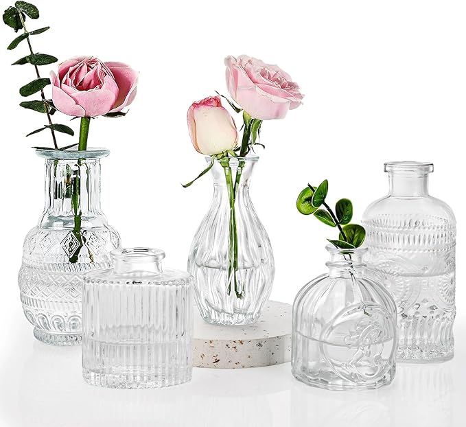Set of Bud Vases, Small Vase for Flowers, Glass Vase for Home Decor, Wedding Decorations, Clear Flower Vases for Centerpieces, Vintage Vase for Home Decor