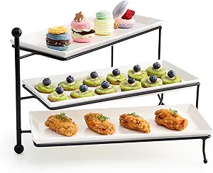 3 Tiered Serving Stand, Foldable Rectangular Food Display Stand with White Porcelain Platters - Serving Trays, Dessert Display Server for Brithday Party, Valentine's Day and Events