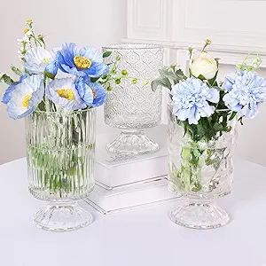 Vases for Flowers Set of Vintage Glass Vase for Centerpieces, Embossed Base Vases for Wedding Decoration, Ribbed Glass Containers for Organization for Home Decor