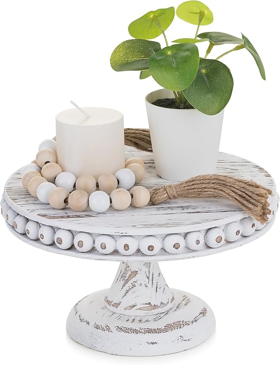 Small Wood Cake Stand: Cupcake Pedestal Stand Dessert Display Riser Rustic Round Cakes Holder Tray Vintage Beads Wooden Plate for Wedding Birthday Decor