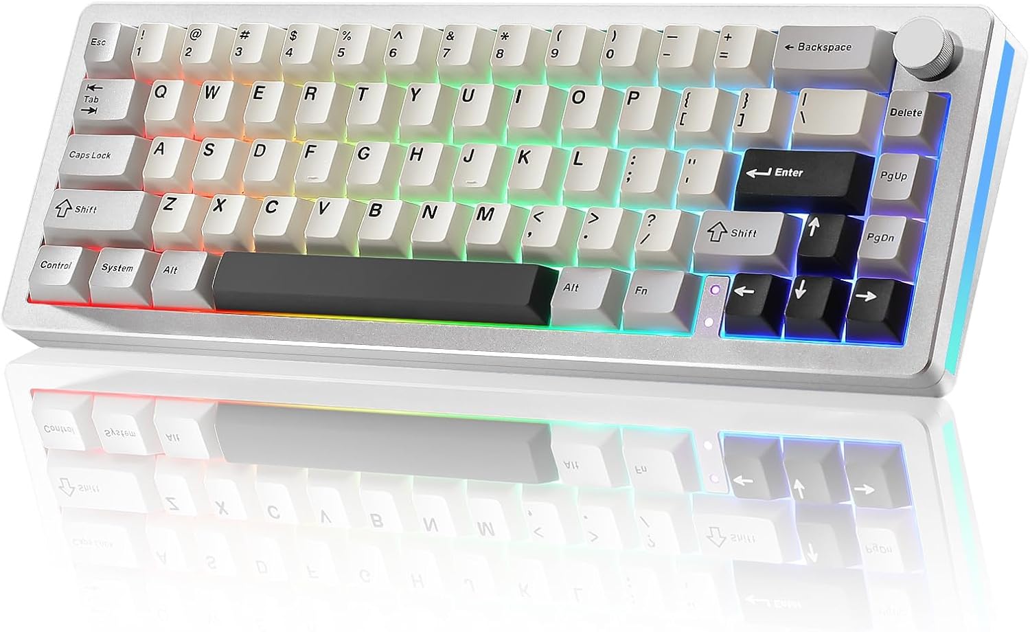 AL66 Wireless Mechanical Keyboard,Full Aluminum CNC,65% Knob Control,Bluetooth/2.4G/Wired,Hot Swappable Pre-lubed Switches,Gasket Mounted RGB for Win/Mac(Milk Switch, Silver)