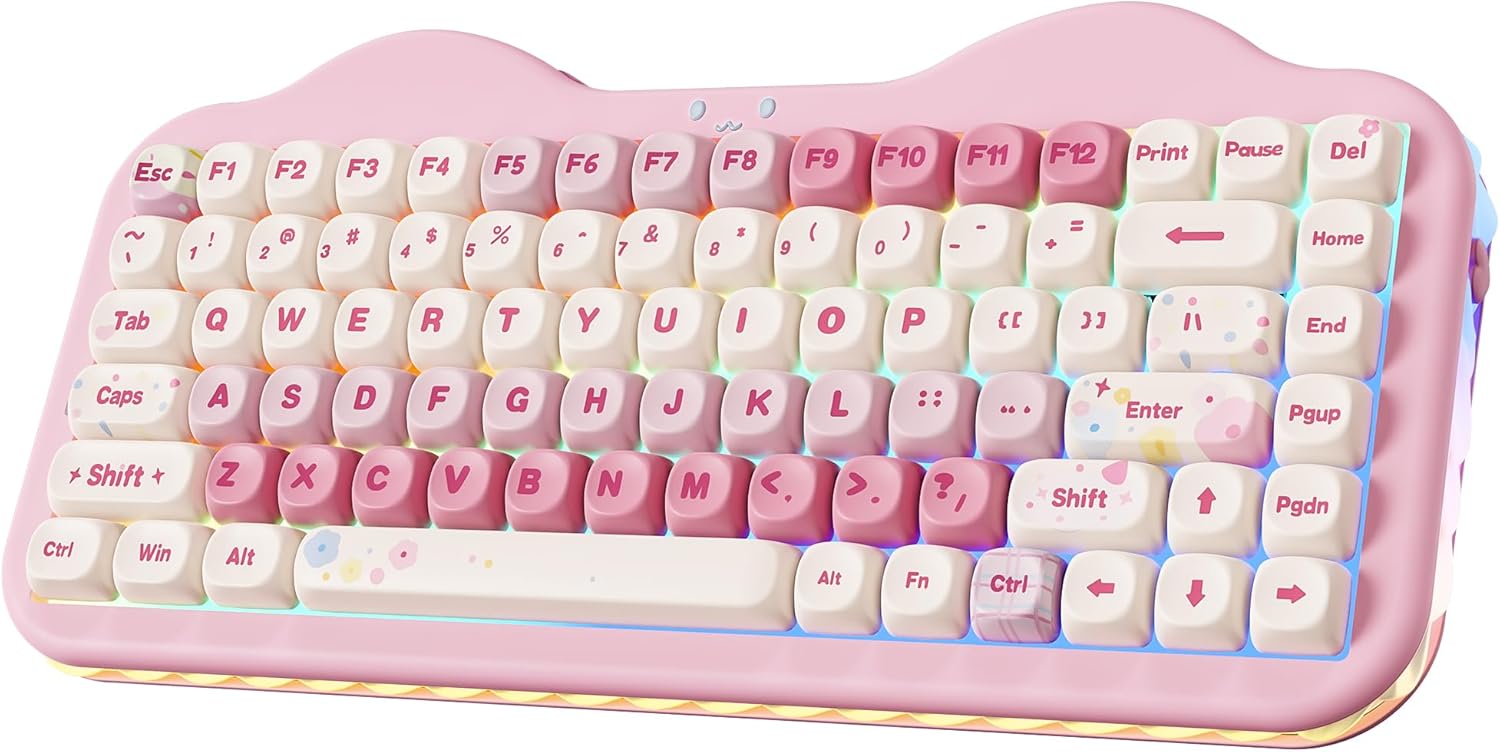C75 Wireless Mechanical Keyboard,75% Layout, Hot-Swappable NKRO,BT5.0/2.4G/USB-C Mode,Dye-Sub PBT MOA Keycaps,RGB Gasket Mount,Cute Cake Design for Mac/Win/Gaming (Pink, Milk V2 Switch)