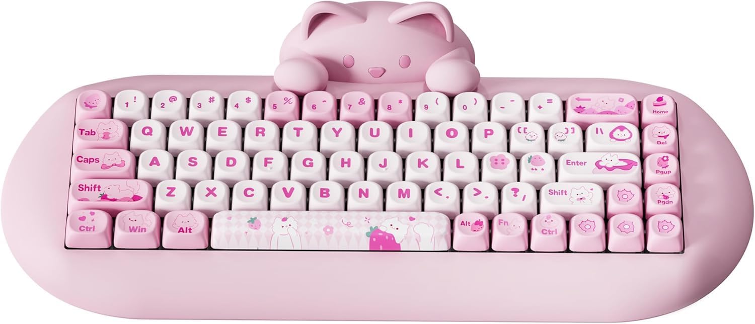 C68 Wireless Mechanical Keyboard,65% Layout,Hot Swap,Triple Mode BT5.0/2.4G/Wired, RGB Backlit NKRO,Cute Cat Silicone Ergonomic Design for Win/Mac (Pink, Milk Switch)