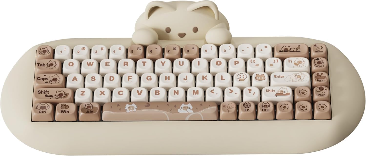 C68 Wireless Mechanical Keyboard,65% Layout,Hot Swap,Triple Mode BT5.0/2.4G/Wired, RGB Backlit NKRO,Cute Cat Silicone Ergonomic Design for Win/Mac (Brown, Milk Switch)