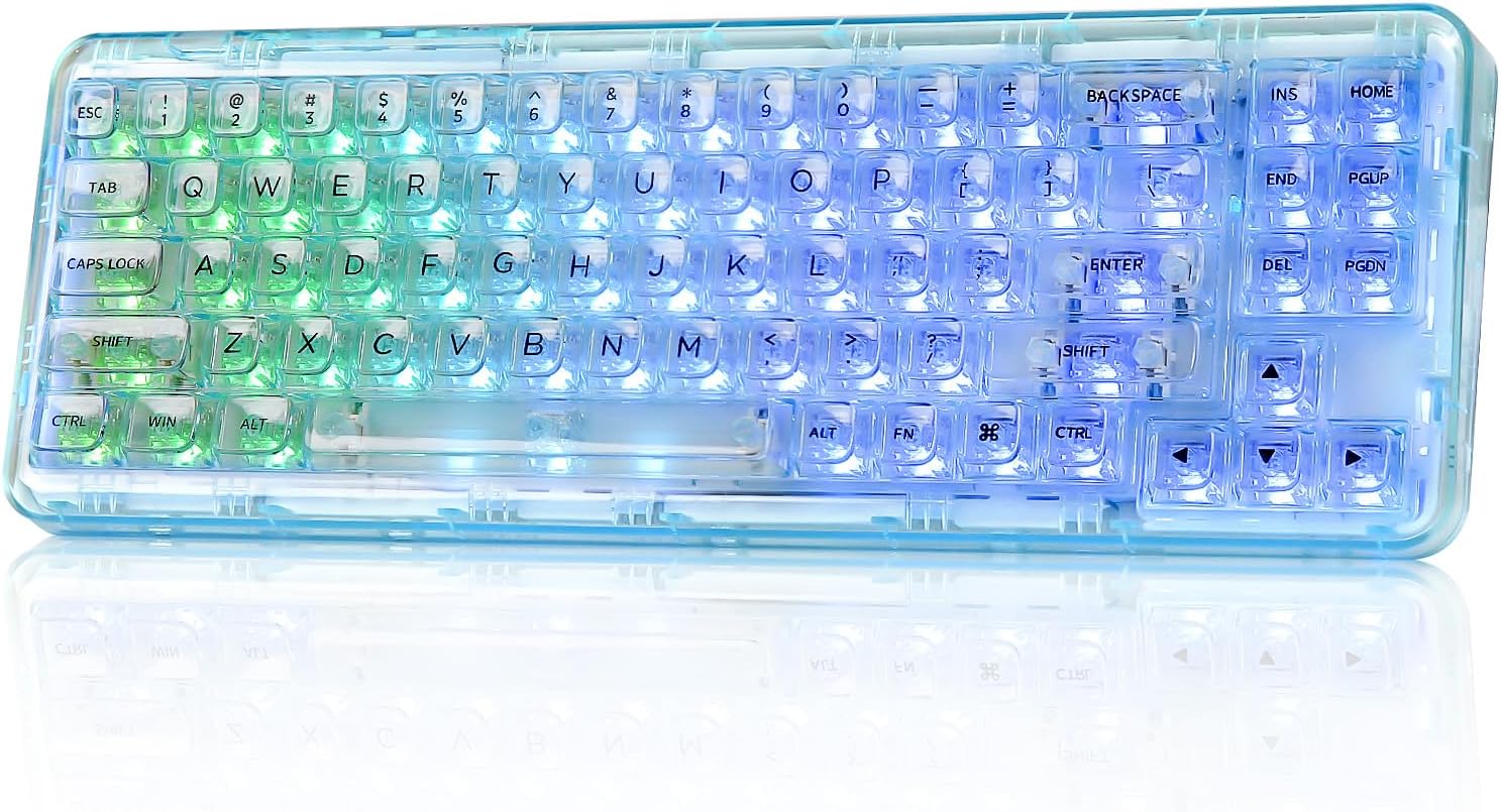 X71 Wireless Hot Swappable Transparent Mechanical Keyboard with Clear Keycaps, 68% Layout, BT5.0/2.4G/USB-C Gasket Mount Wireless RGB Backlit for Windows/Mac(Crystal Ice Switch,Cyan)