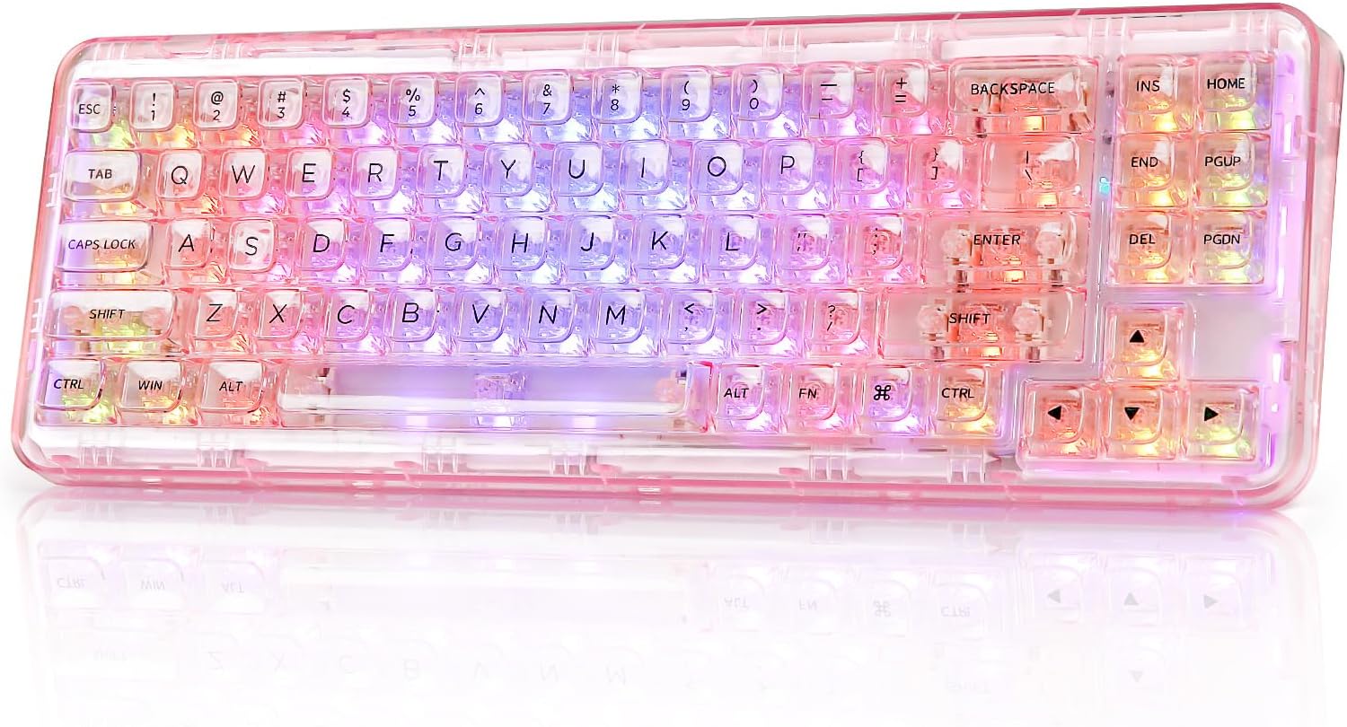 X71 Wireless Hot Swappable Transparent Mechanical Keyboard with Clear Keycaps, 68% Layout, BT5.0/2.4G/USB-C Gasket Mount Wireless RGB Backlit for Windows/Mac(Crystal Ice Switch,Pink)